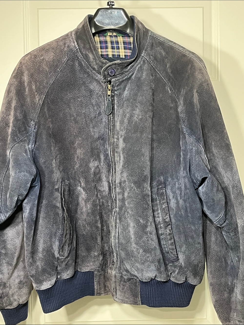 Field & Stream Blue Suede Leather Bomber Jacket Plaid Lined Men’s Large